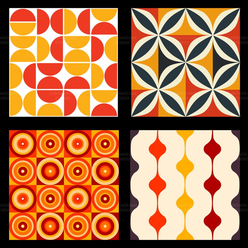 K&ouml;nnte beinhalten: Vier geometrische Retro-Muster in Orange, Gelb, Rot, Schwarz und Wei&szlig;. Die Designs umfassen Halbkreise, Blumenformen, konzentrische Kreise und Tropfenformen. Die Muster sind vor einem schwarzen Hintergrund angeordnet.