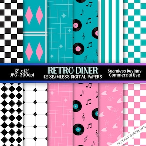 May include: Twelve digital paper designs in a retro diner theme. The patterns include black and white checkered, pink and white checkered, turquoise and white striped, turquoise with pink diamonds, turquoise with white stars, turquoise with black vinyl records and music notes, pink with white stars, pink with black vinyl records and music notes, pink with white boomerangs, and pink with white stripes. The papers are 12 inches by 12 inches and 300 dpi.