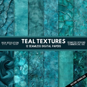 Könnte beinhalten: Eine Sammlung von 12 nahtlosen digitalen Papieren mit teal-farbenen Texturen. Das Bild zeigt verschiedene teal-farbene Hintergründe mit unterschiedlichen Mustern und Effekten, darunter Risse in der Farbe, Wirbelmuster und strukturierte Oberflächen. Der Text lautet "Teal Textures" und "Seamless Designs Commercial Use."