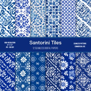 May include: A collection of twelve seamless digital papers featuring blue and white Santorini tile patterns. The designs include floral, geometric, and abstract motifs. The image includes the text "Santorini Tiles" and "12 Seamless Digital Papers".