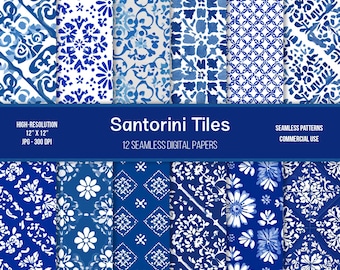 Santorini Tile Digital Paper: Greek Island Mediterranean Seamless Patterns (Digital Download)