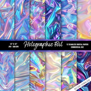 Puede incluir: Doce papeles digitales sin costuras con texturas de lámina holográfica en colores iridiscentes. Los papeles miden 30,48 cm por 30,48 cm y 300 DPI. Son para uso comercial.