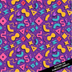 May include: A seamless pattern with a retro 80s and 90s aesthetic. The pattern features a variety of geometric shapes in bright colors, including yellow, blue, pink, red, and purple. The background is a deep purple. The text "PATTERNS CAN SEAMLESSLY CONNECT!" is at the bottom of the image.