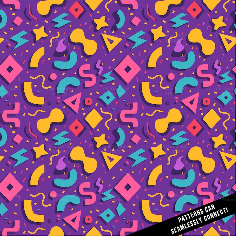 May include: A seamless pattern with a retro 80s and 90s aesthetic. The pattern features a variety of geometric shapes in bright colors, including yellow, blue, pink, red, and purple. The background is a deep purple. The text "PATTERNS CAN SEAMLESSLY CONNECT!" is at the bottom of the image.