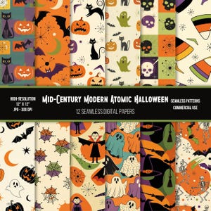 Puede incluir: Una colección de 12 papeles digitales sin costuras con un tema de Halloween atómico moderno de mediados de siglo. Los patrones presentan calabazas, murciélagos, gatos, fantasmas, calaveras y otros elementos espeluznantes en naranja, negro, verde y morado.