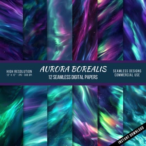 May include: Twelve seamless digital papers displaying the Aurora Borealis. The designs feature swirling patterns in green, blue, purple, and pink. The high-resolution images are 30.48 cm x 30.48 cm at 300 DPI. The text reads "Aurora Borealis" and "Seamless Designs Commercial Use".