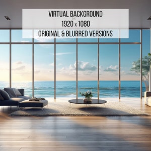 Puede incluir: Una sala de estar con grandes ventanales que dan a un océano azul con una playa de arena blanca. La habitación tiene un sofá gris, una mesa de café y una alfombra. Las ventanas están enmarcadas en negro y las paredes son blancas. El texto "VIRTUAL BACKGROUND 1920 x 1080 ORIGINAL & BLURRED VERSIONS" se muestra en la parte superior de la imagen.