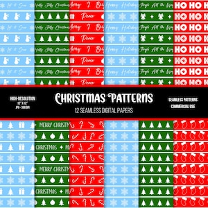 May include: Twelve digital paper patterns featuring Christmas themes. The patterns include snowflakes, candy canes, Christmas trees, stockings, and text like "Merry Christmas" and "Jingle All the Way".