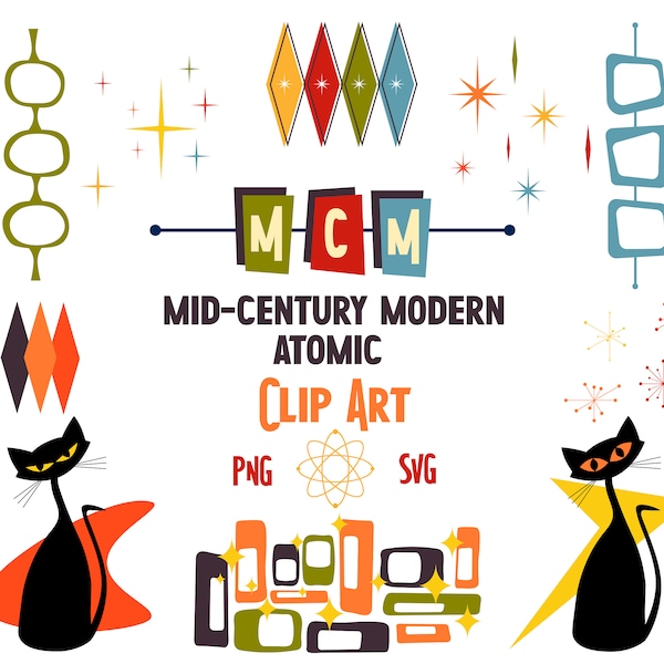 Mid-Century Modern Atomic Graphic Elements v2 | Illustrationen | Clip-Kunst PNG | SVG | 1950er Jahre | 1960er Jahre | Retro | Atomic | Skalierbar | Handgezeichnet