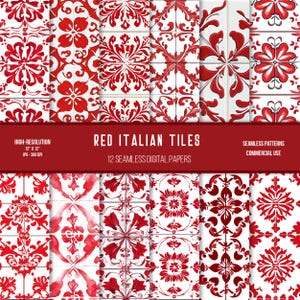 May include: Twelve digital papers featuring red and white Italian tile patterns. Each pattern is seamless and can be used for commercial projects. The papers are 12 inches by 12 inches and 300 DPI.