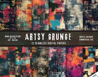 May include: A set of 12 digital papers featuring abstract grunge patterns in various colors, including black, white, red, orange, yellow, blue, and green. The papers are seamless and high-resolution, measuring 12 inches by 12 inches at 300 DPI. The text "ARTSY GRUNGE" and "12 SEAMLESS DIGITAL PAPERS" is displayed on the image.