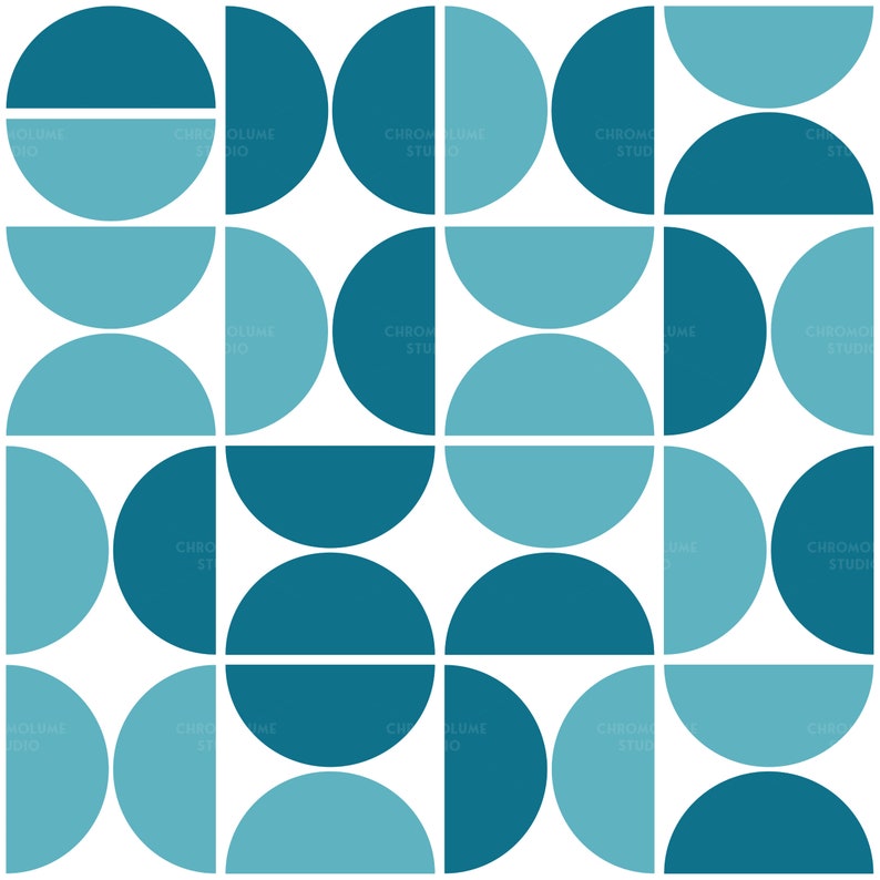 K&ouml;nnte beinhalten: Geometrisches Muster mit sich wiederholenden teal- und hellblauen Halbkreisen und Kreisen auf wei&szlig;em Hintergrund. Der Text "CHROME STUDIO" wiederholt sich. Das Muster ist symmetrisch und modern.