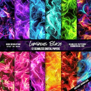 May include: A collection of 12 seamless digital papers with a luminous flame design. The papers feature vibrant colors including purple, blue, green, pink, orange, and red. Each paper is 12" x 12" and suitable for commercial use. The text "Luminous Blaze" is displayed.