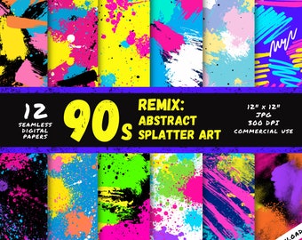 90s Abstract Paint Splatter Digital Paper: Retro Seamless Patterns (Digital Download)