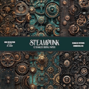 May include: Twelve digital papers featuring seamless patterns of intricate steampunk gears in shades of teal, gold, and black.