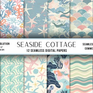 Könnte beinhalten: Zwölf digitale Papiere mit nahtlosen Mustern im Thema Küstenhaus. Die Muster umfassen Muscheln, Seesterne, Korallen, Wellen und meeresinspirierte Designs in sanften Blau-, Rosa- und Beigetönen.