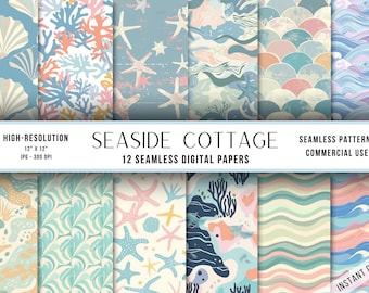 Seaside Cottage Digital Paper: Coastal Seamless Patterns (Digital Download)