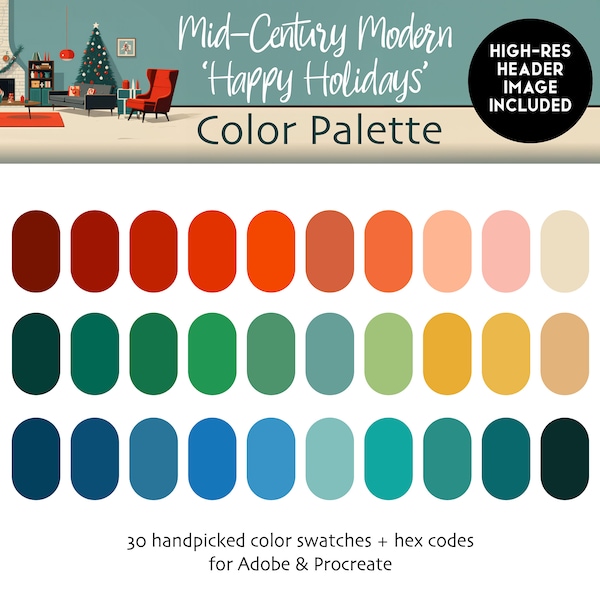 Holiday Mid-Century Modern Procreate & Adobe Digital Color Palette | Instant Download | HEX Codes | Procreate | Swatches | Adobe