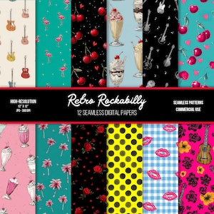 May include: A collection of 12 seamless digital papers with a retro rockabilly theme. The patterns include guitars, cherries, milkshakes, flamingos, roses, polka dots, and lips. The papers are high-resolution, 12" x 12" JPG files.