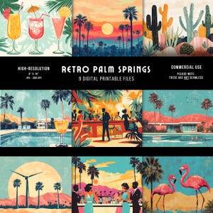 May include: Nine digital printable files featuring retro-style illustrations of palm trees, cocktails, and mid-century modern architecture. The illustrations are in a vibrant colour palette of pink, blue, yellow, and green. The text "Retro Palm Springs" is featured in the centre of the image.