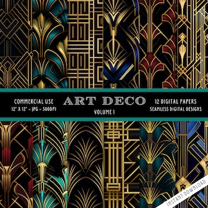 Könnte beinhalten: Ein Set mit 12 digitalen Papieren mit Art-Deco-Mustern in Gold, Schwarz, Blau und Rot. Die Papiere sind nahtlos und können für kommerzielle Zwecke verwendet werden. Jedes Papier ist 30,48 cm x 30,48 cm groß und hat 300 DPI.