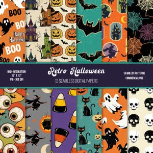 Puede incluir: Una colección de 12 papeles digitales sin costuras con temática retro de Halloween. Los diseños presentan calabazas, murciélagos, fantasmas, calaveras, casas embrujadas e ilustraciones de brujas. Los papeles miden 30,48 cm x 30,48 cm y son aptos para uso comercial.