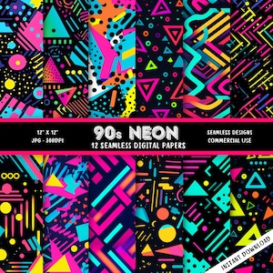 90s Neon Seamless Digital Paper | Commercial Use | High-resolution | 300 dpi | JPG | 1980s | 1990s | Bright Colors Digital Paper | Memphis