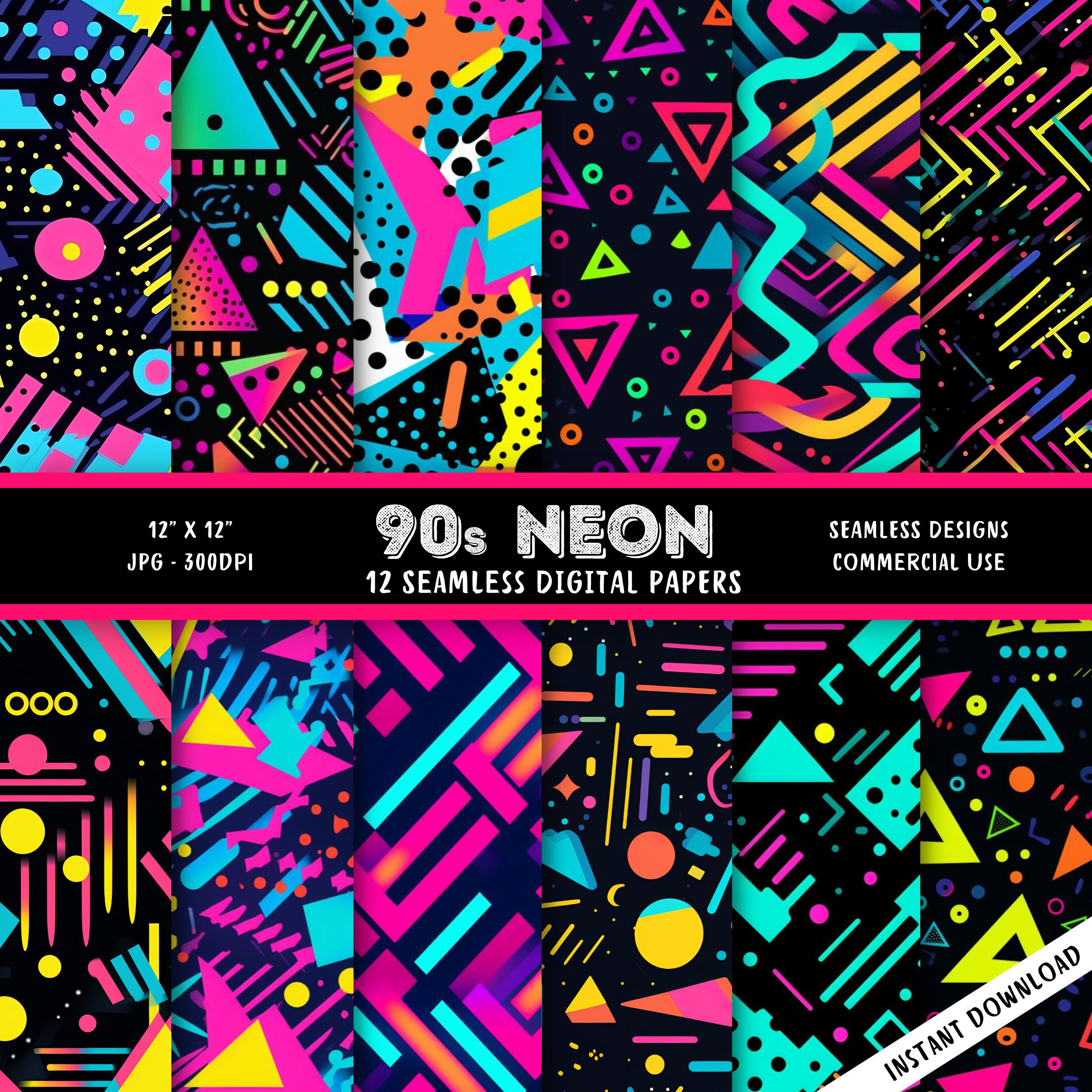 90s Neon Seamless Digital Paper | Commercial Use | High