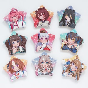 May include: A collection of nine star-shaped pin-back buttons featuring colorful anime-style character illustrations. Each button displays a unique character with distinct hair colors, outfits, and expressions set against vibrant, sparkling backgrounds.