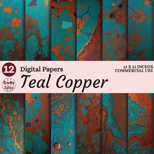 Peut inclure: Douze papiers numériques avec un motif marbré bleu sarcelle et cuivré. Les papiers ont un aspect vieilli et patiné avec un mélange de teintes bleu sarcelle, cuivrées et brunes. Le texte sur l'image indique "Teal Copper" et "12 x 12 pouces usage commercial."