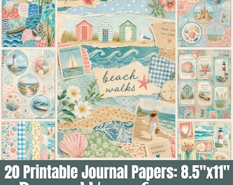 May include: A collection of 20 printable journal papers featuring a beach walk collage theme. The designs include torn paper textures, beach huts, lighthouses, seashells, starfish, sailboats, and coastal landscapes in soft blue, pink, and tan tones.