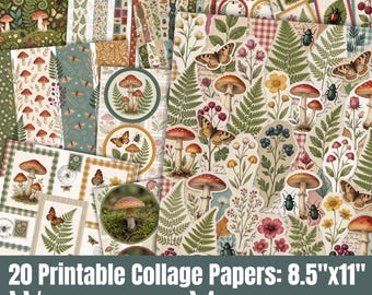 Woodland Mushroom Collage Junk Journal Papers, Forest Floor Scrapbook Cut Apart Sheets, Digital Download