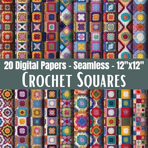 Crochet Granny Square Papers, Printable Seamless Retro Knit Textures Backgrounds