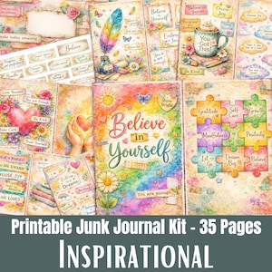 Może przedstawiać: Zestaw do druku junk journal składający się z 35 stron z kolorowymi ilustracjami akwarelowymi, inspirującymi cytatami takimi jak Believe in Yourself oraz pozytywnymi afirmacjami. Wzory zawierają serca, kwiaty, tęcze, motyle i elementy puzzli.