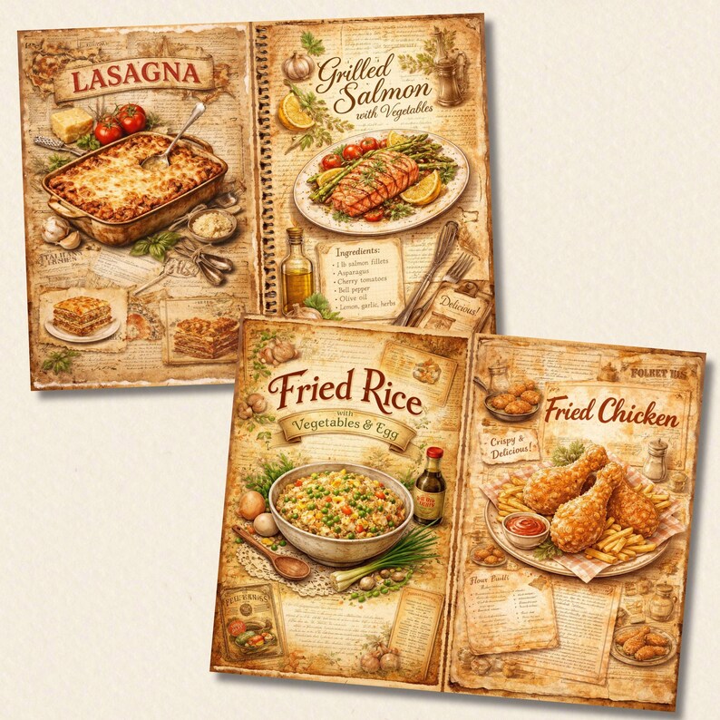 Vintage Food Junk Journal Pages, 40 Retro Recipe Papers, Kitchen ...