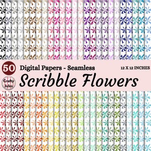 May include: A set of 50 digital, seamless papers with a floral scribble design. The papers are 30.48 x 30.48 cm and feature various color palettes, including black, grey, brown, pink, purple, blue, orange, green, and gold.