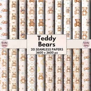 Teddy Bears Seamless Digital Patterns, 20 Printable Tiled Papers, Neutral, Childrens, Nursery Patterns, Scrapbooks, Journals, Commercial Use
