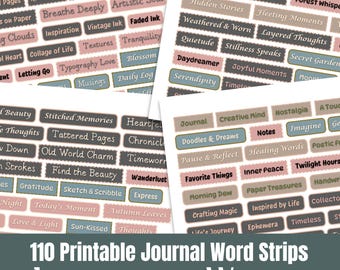 Journalling Words, 110 Printable Junk Journal Ephemera Strips