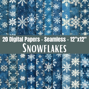Puede incluir: Una colección de 20 papeles digitales sin costuras con patrones de copos de nieve blancos sobre varios tonos de fondo azul acuarela. El texto 20 Digital Papers - Seamless - 30,5cm x 30,5cm SNOWFLAKES aparece en el centro de la imagen.