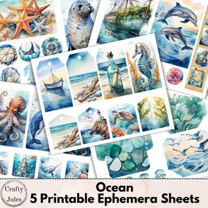 Folhas de itens efêmeros imprimíveis com tema de oceano – 5 folhas digitais, 40 enfeites para diários de lixo e álbuns de recortes, download instantâneo