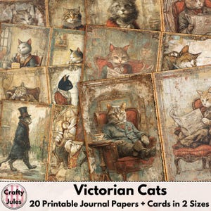Victorian Cats Digital Junk Journal Papers – 20 afdrukbare pagina's, dagboekkaarten, ATC's, voor plakboeken, tijdschriften, collages, kaarten maken
