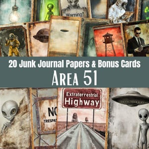 Pode incluir: Uma coleção de 20 papéis para junk journal e cartões bônus com temas da Área 51. Os designs incluem ilustrações de alienígenas, OVNIs, uma pessoa com traje de proteção, uma torre de vigia, um homem de terno e uma placa de estrada.