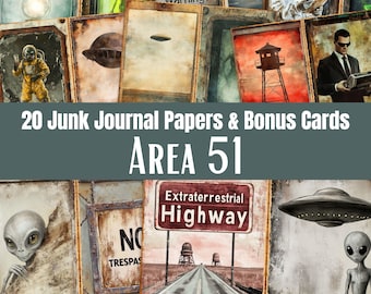 Area 51 Junk Journal Papers, Cards, Alien Sci-Fi Scrapbook Pages, Digital Download