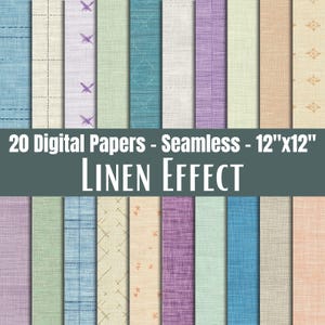 May include: A collection of 20 digital papers with a seamless linen effect, each measuring 12"x12". The papers feature various colors and textures, including blue, purple, and beige, with subtle patterns and designs.