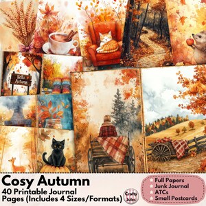 Pacote de papel para diário imprimível Cosy Autumn – 40 páginas para diários de lixo, álbuns de recortes e artesanato em papel, 4 tamanhos (páginas inteiras, meia página, ATC, cartão postal)