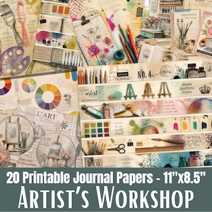 May include: A collection of 20 printable journal papers featuring artist-themed designs, including color wheels, paintbrushes, easels, pencils, and paint tubes. The papers display various artistic motifs, text, and watercolor splashes in a 11 by 8.5 inch format.