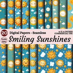 May include: A set of 20 digital seamless papers with smiling suns, clouds, and raindrops on a blue backdrop. Each paper measures 12 x 12 inches and is for commercial use. The text "Smiling Sunshines" is displayed.