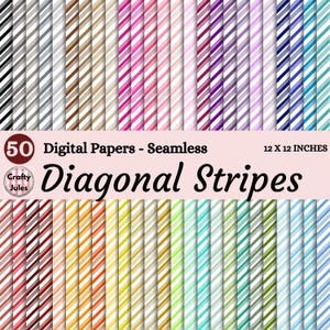 May include: A collection of 50 digital seamless papers with diagonal stripes in various colors. The papers are 12 x 12 inches and feature a variety of colors, including black, gray, brown, pink, purple, blue, green, and orange.