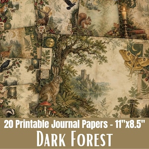 Può includere: Una collezione di 20 fogli di carta stampabili per diario con temi di foresta oscura, con illustrazioni di coniglio, cervo, scoiattolo, tasso, corvo, falena, funghi, felci, alberi, un castello e una candela, di 27,94 cm per 21,59 cm.