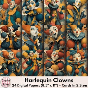 Clowns Digital Papers – 24 Printable Carnival Pages Plus Cards and ATCs, for Scrapbooking, Journals, Collage, Card-Making, Instant Download